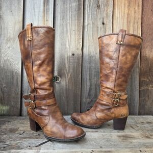 Born Tan Leather Heeled Tall Riding Biker Boots